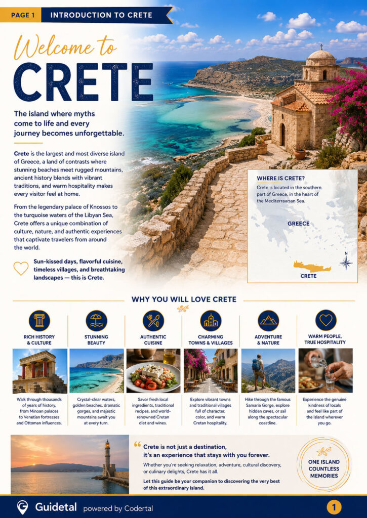 Inside page of the Guidetal Crete travel guide showing introduction to Crete