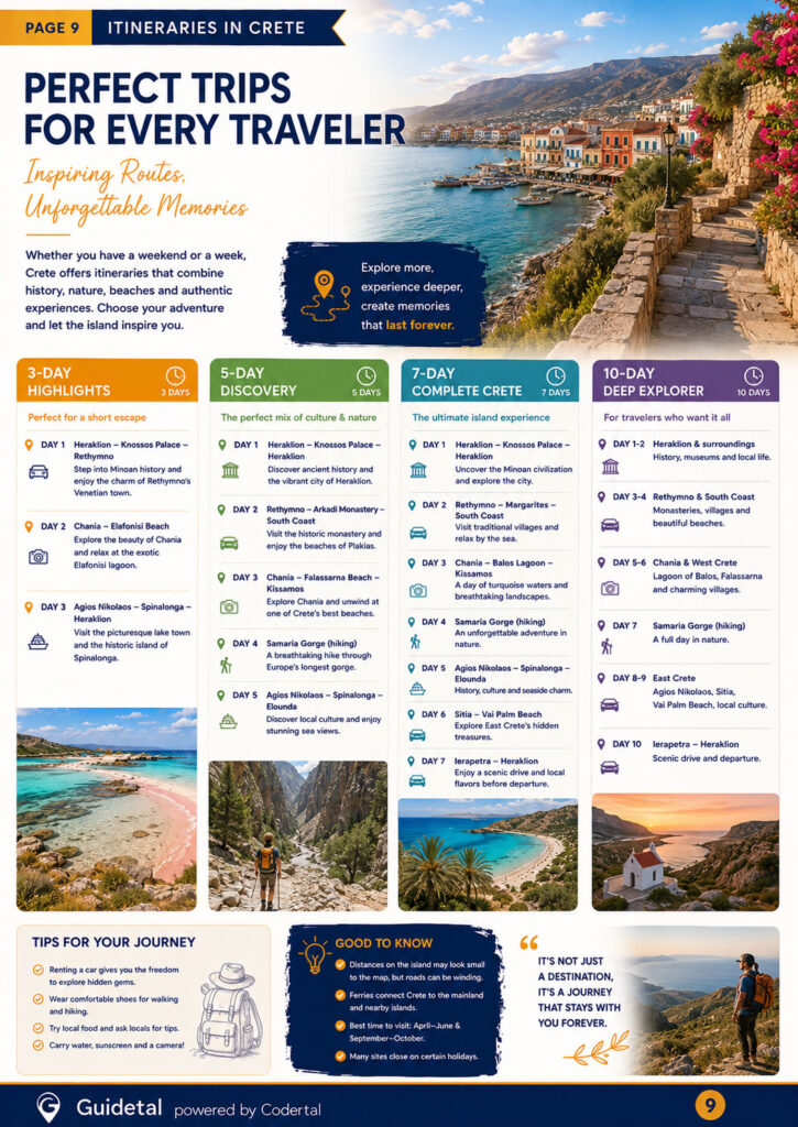 Inside page of the Guidetal Crete guide showing itineraries in Crete