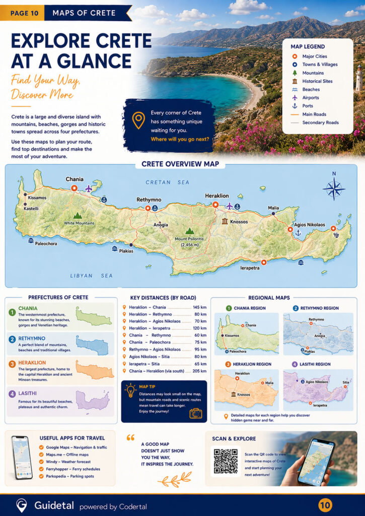 Inside page of the Guidetal Crete guide showing maps of Crete