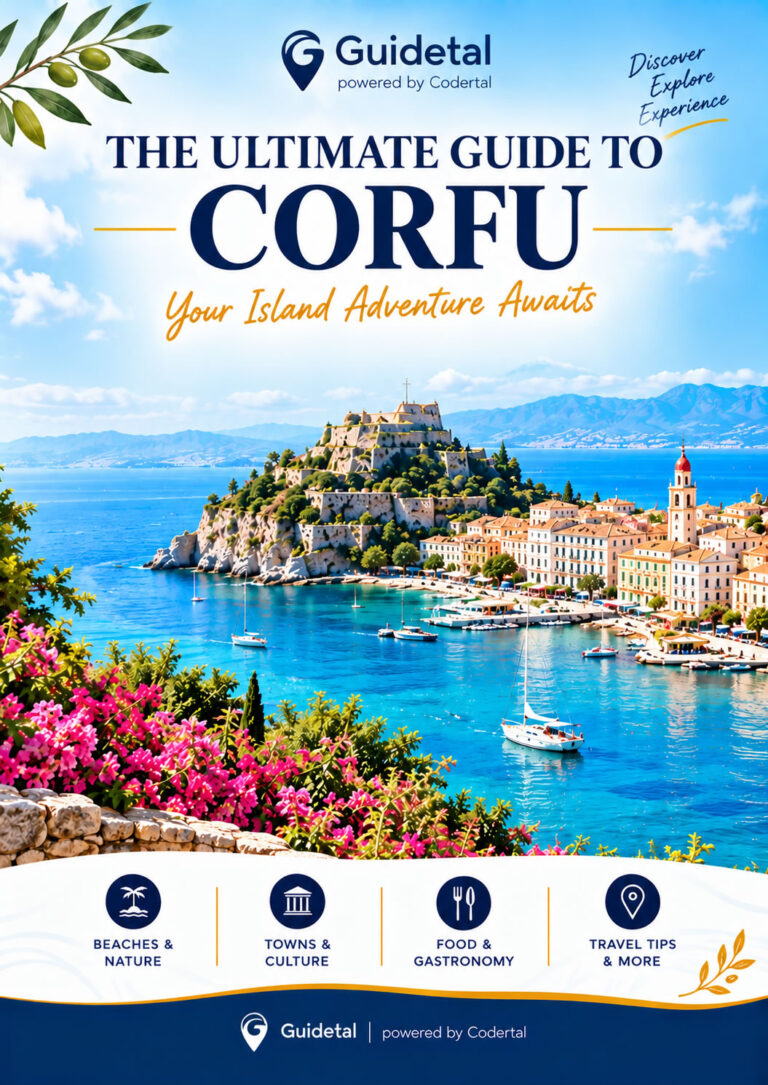 Guidetal The Ultimate Guide to Corfu travel guide cover featuring beaches, villages, culture and adventures