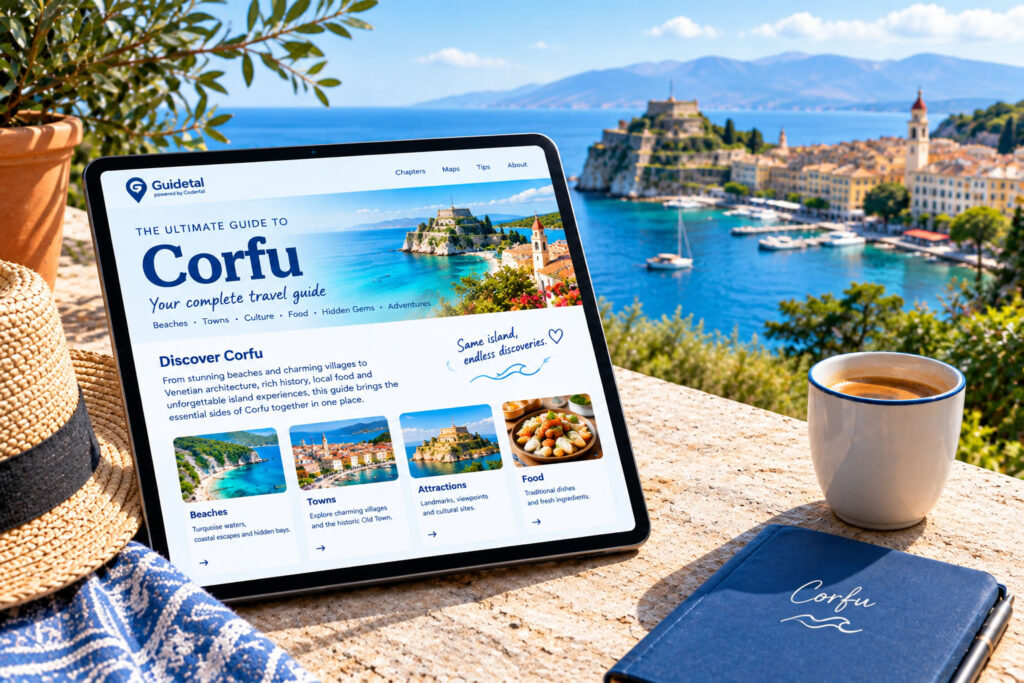 Guidetal Corfu digital travel guide displayed on a tablet overlooking a turquoise Mediterranean coast