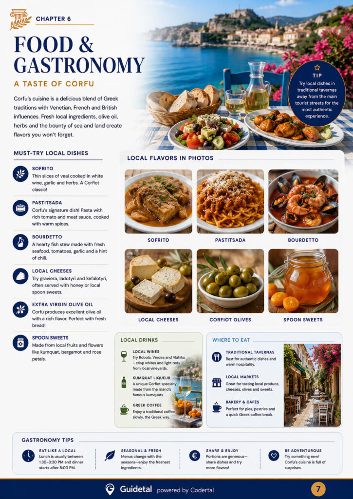 Inside page of the Guidetal Corfu guide showing food and gastronomy in Corfu