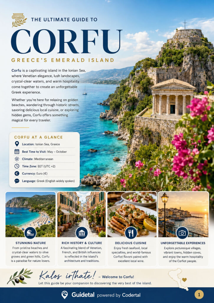 Inside page of the Guidetal Corfu travel guide showing introduction to Corfu