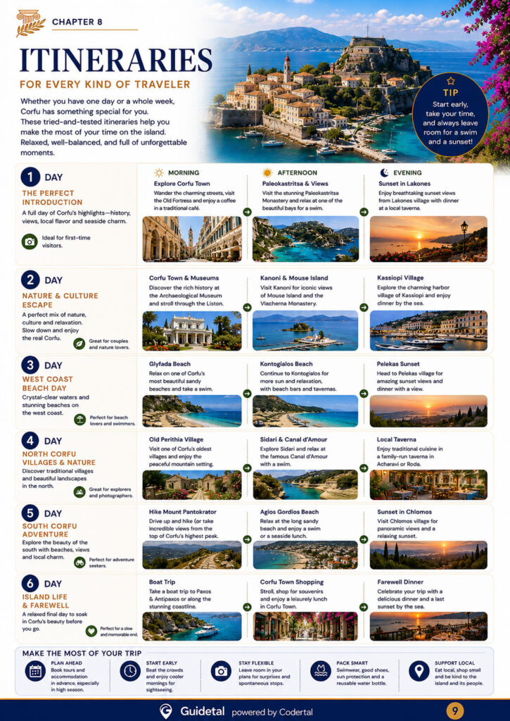 Inside page of the Guidetal Corfu guide showing itineraries in Corfu