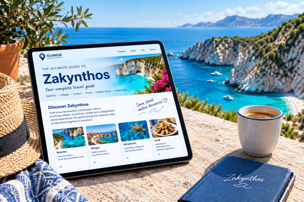Guidetal Zakynthos digital travel guide displayed on a tablet overlooking a turquoise Mediterranean coast