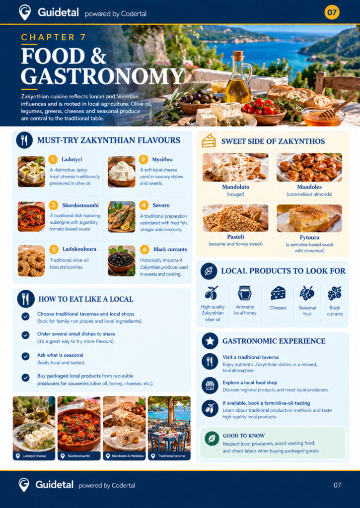 Inside page of the Guidetal Zakynthos guide showing food and gastronomy in Zakynthos