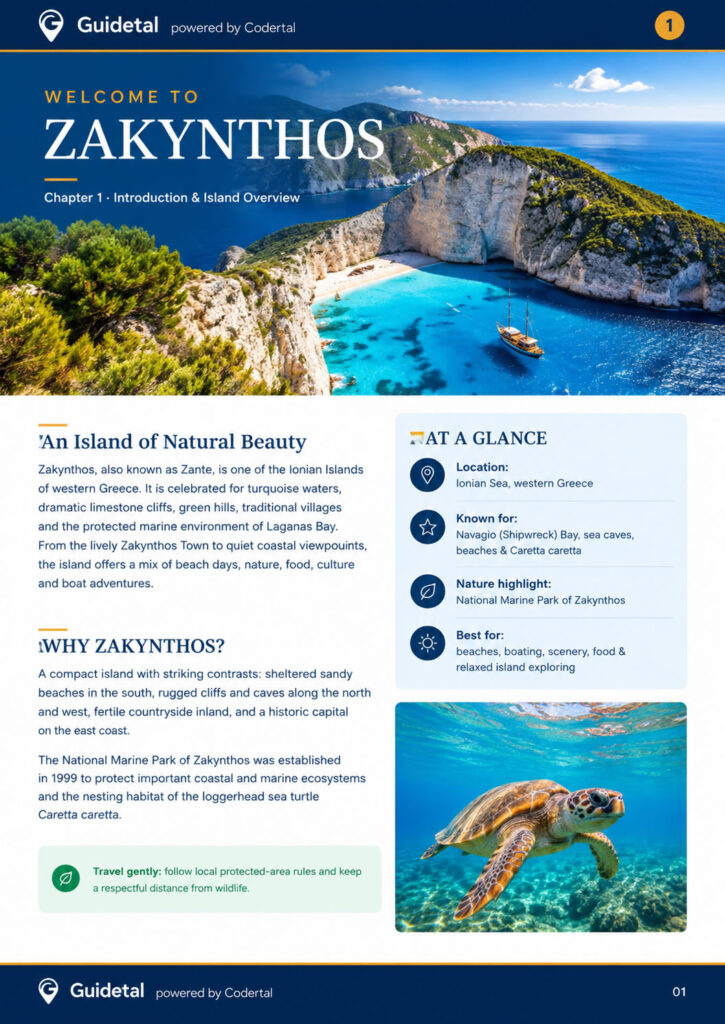 Inside page of the Guidetal Crete travel guide showing introduction to Zakynthos