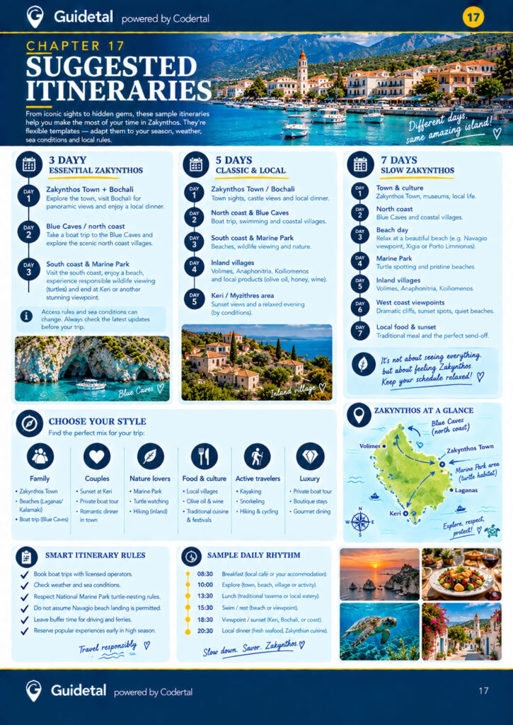 Inside page of the Guidetal Zakynthos guide showing itineraries in Zakynthos